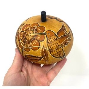 Gourd Art Hand Painted Etched Bird Floral Design Cutout Lid 5”